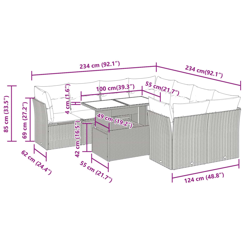 Set Mobilier De Grădină Cu Perne, 9 Piese, , Poliratan