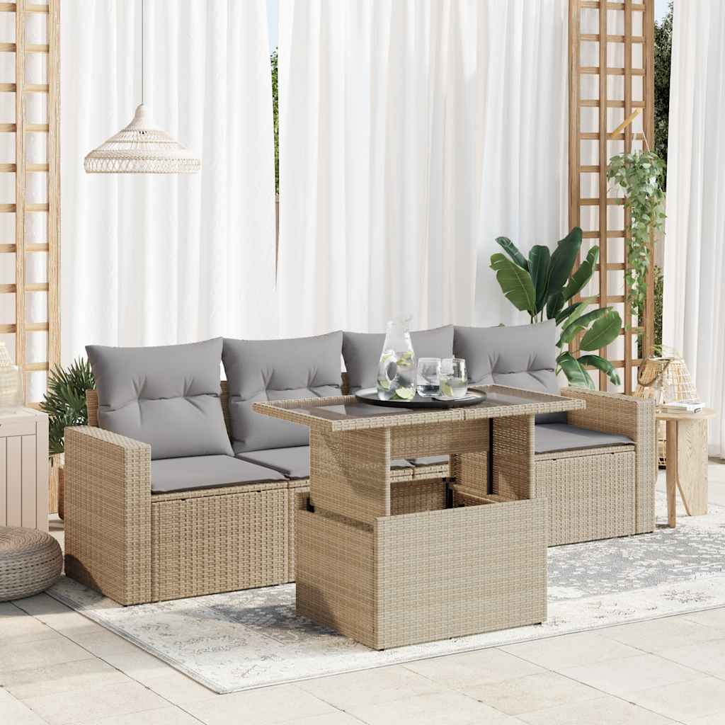 Set Canapea De Grădină Cu Perne, 5 Piese, , Poliratan
