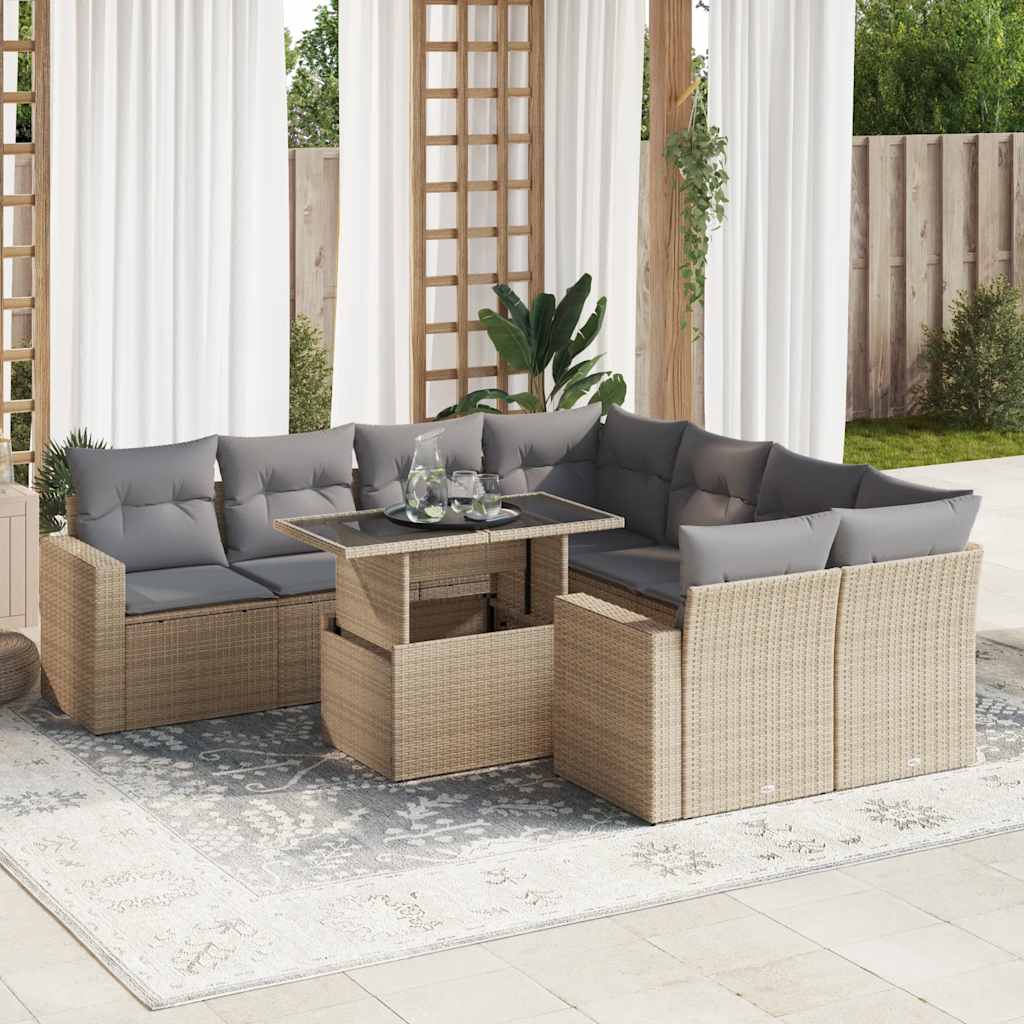 Set Canapele De Grădină, 9 Piese, Cu Perne, Bej, Poliratan