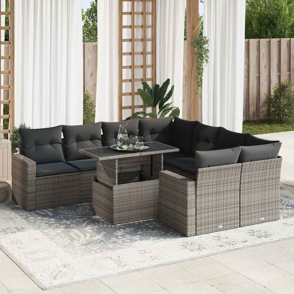 Set Canapele De Grădină, 9 Piese, Cu Perne, Bej, Poliratan