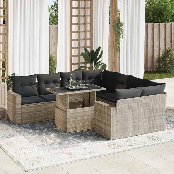 Set Canapele De Grădină, 9 Piese, Cu Perne, Bej, Poliratan