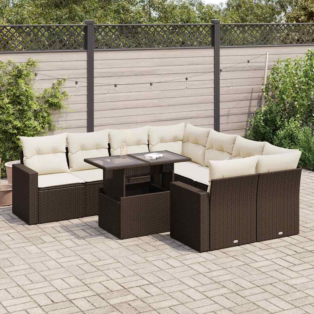 Set Canapele De Grădină, 9 Piese, Cu Perne, Bej, Poliratan