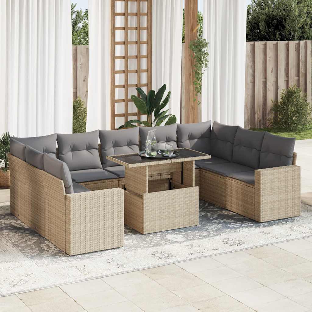 Set Canapele De Grădină Cu Perne, 10 Piese, Bej, Poliratan