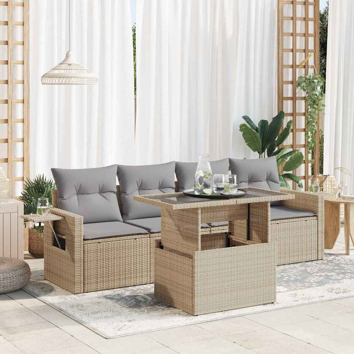 Set Canapele De Grădină Cu Perne, 5 Piese, Bej, Poliratan