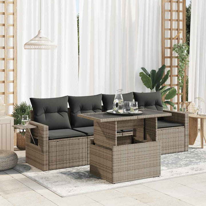 Set Canapele De Grădină Cu Perne, 5 Piese, Bej, Poliratan