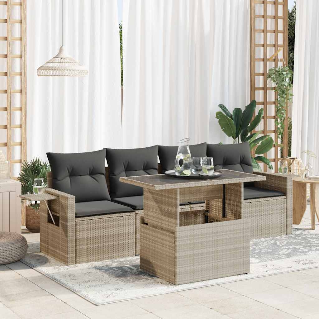 Set Canapele De Grădină Cu Perne, 5 Piese, Bej, Poliratan