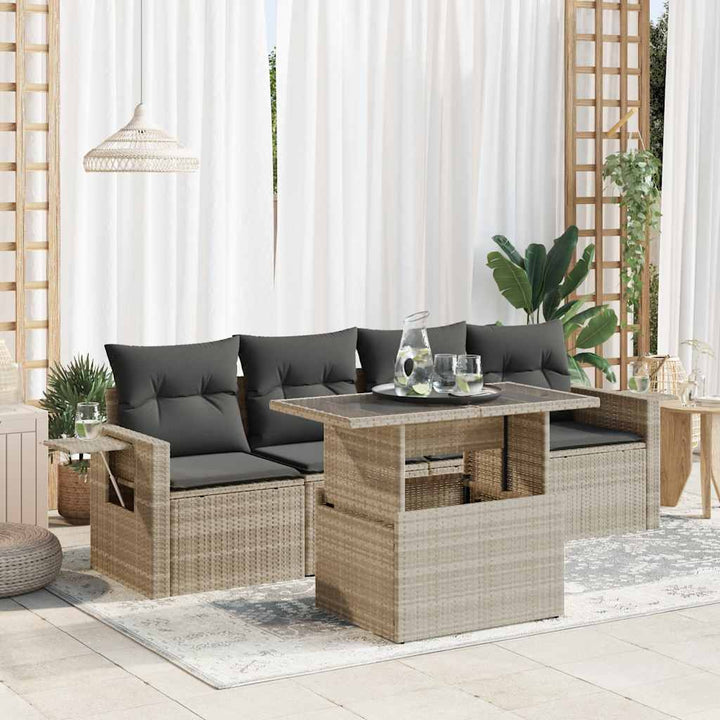 Set Canapele De Grădină Cu Perne, 5 Piese, Bej, Poliratan
