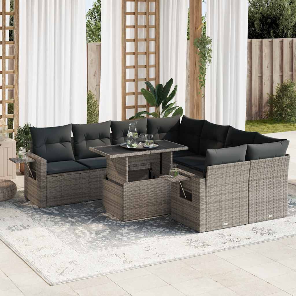 Set Mobilier De Grădină Cu Perne, 9 Piese, Negru, Poliratan