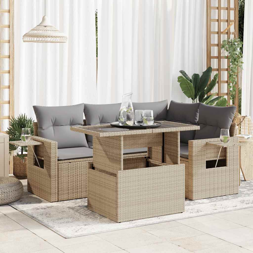 Set Canapele De Grădină Cu Perne, 5 Piese, Bej, Poliratan