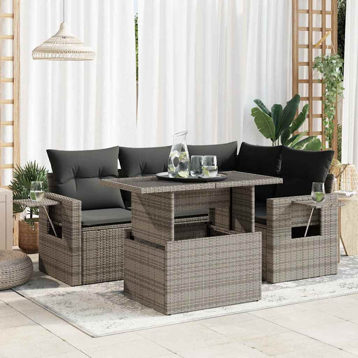 Set Canapele De Grădină Cu Perne, 5 Piese, Bej, Poliratan