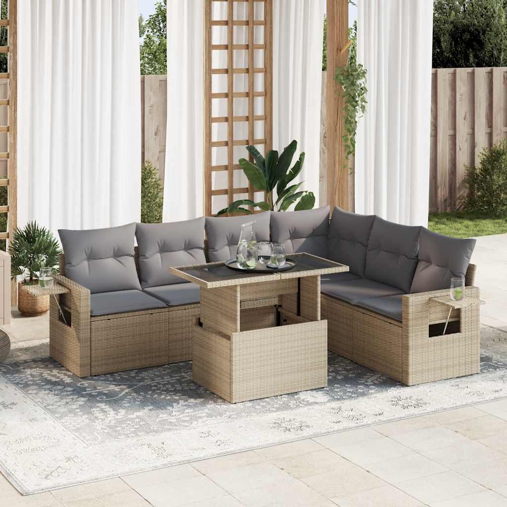 Set Canapele De Grădină, 7 Piese, Cu Perne, Bej, Poliratan