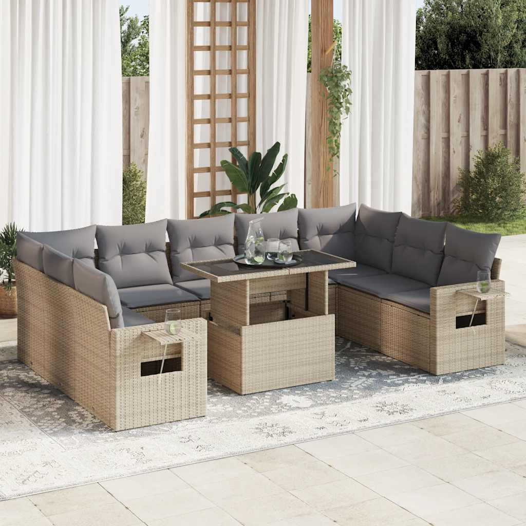 Set Canapele De Grădină Cu Perne, 10 Piese, Bej, Poliratan