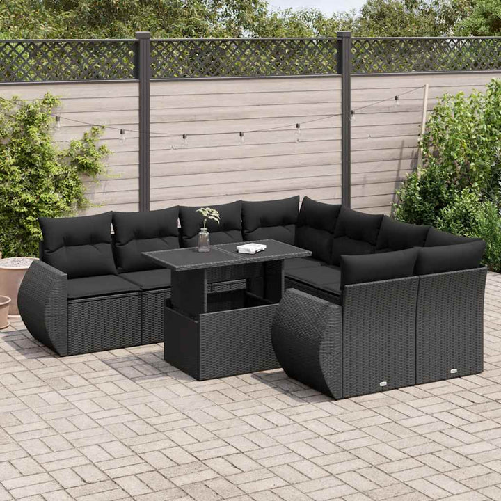 Set Mobilier De Grădină Cu Perne, 9 Piese, Negru, Poliratan