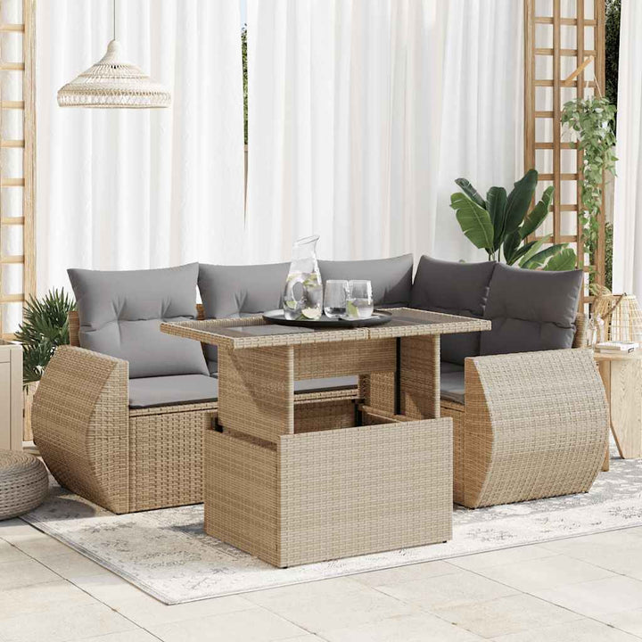 Set Canapele De Grădină Cu Perne, 5 Piese, Bej, Poliratan
