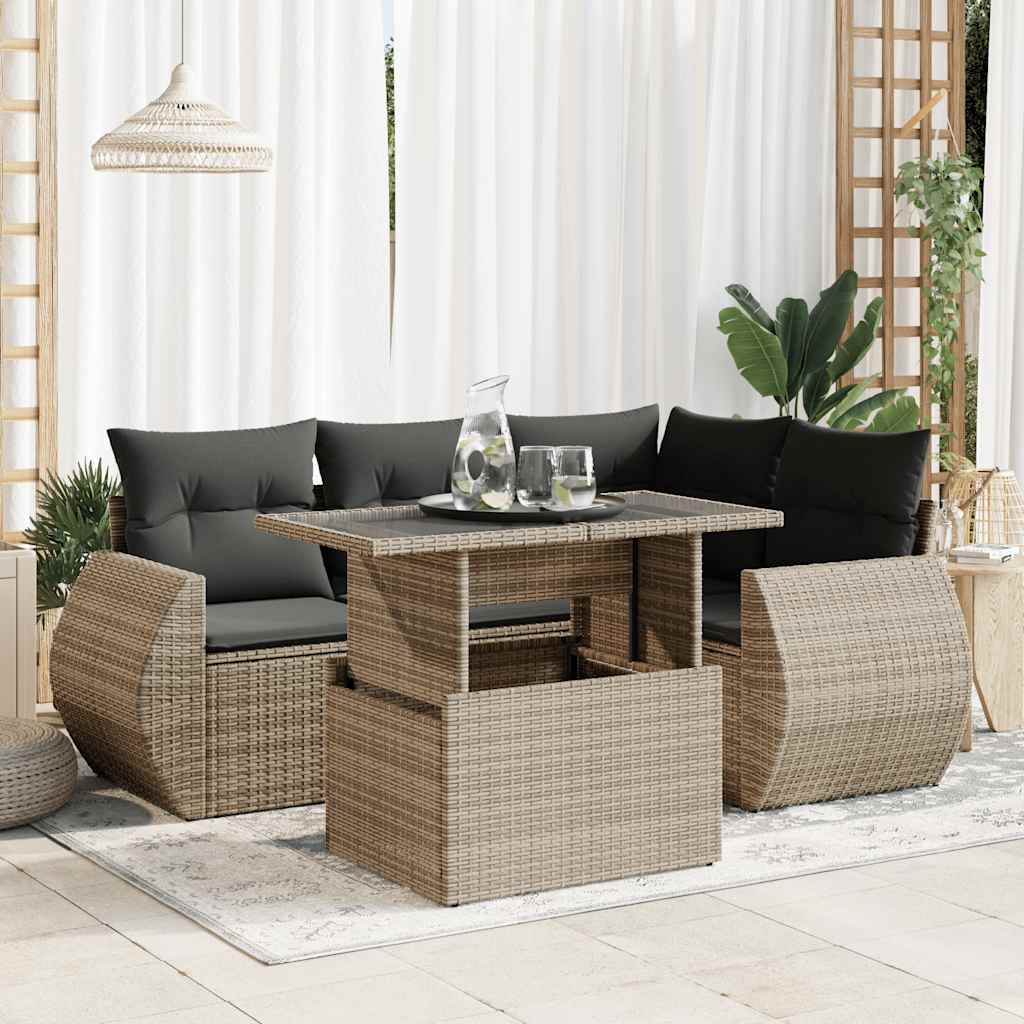 Set Canapele De Grădină Cu Perne, 5 Piese, Bej, Poliratan