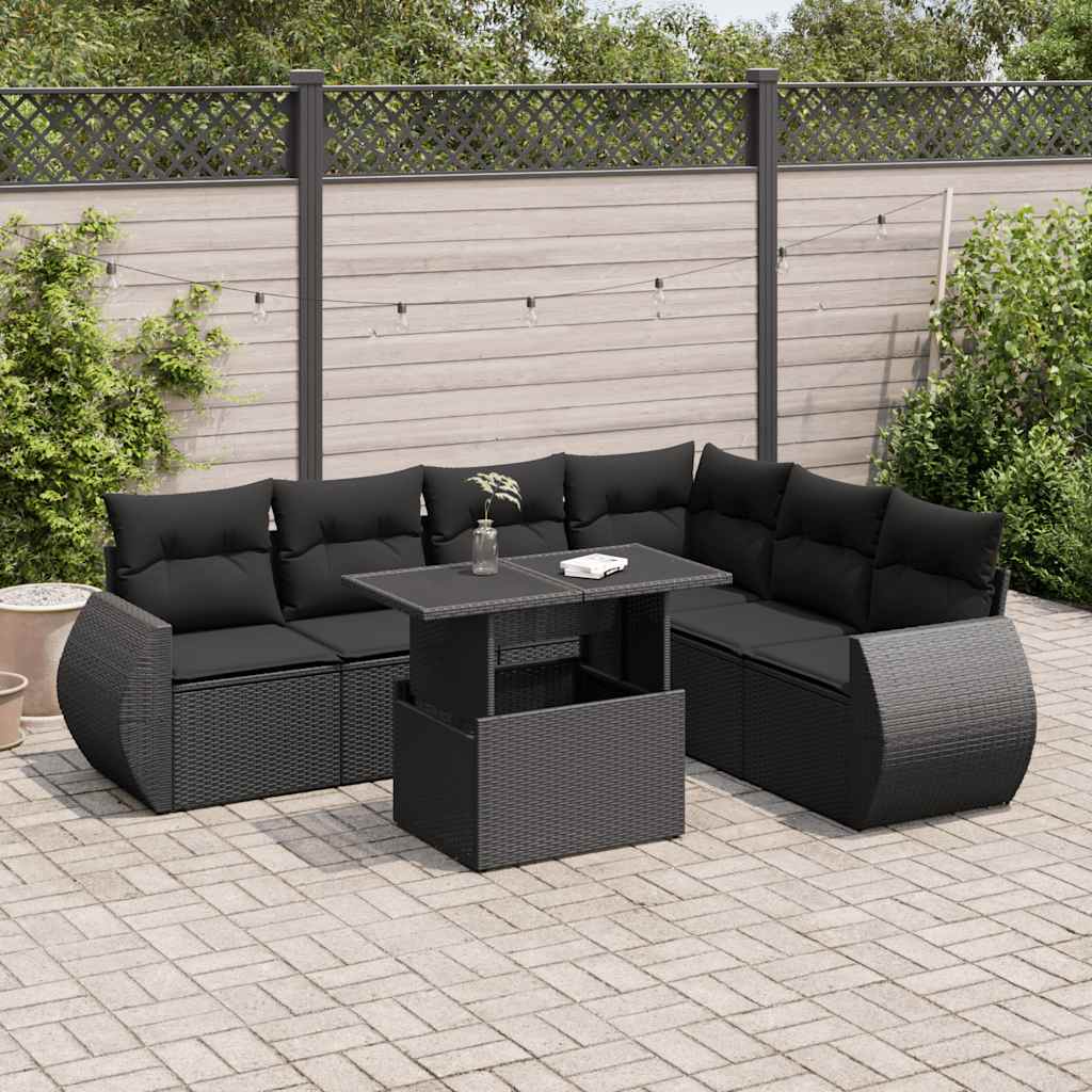 Set Canapele De Grădină Cu Perne, 7 Piese, Negru, Poliratan