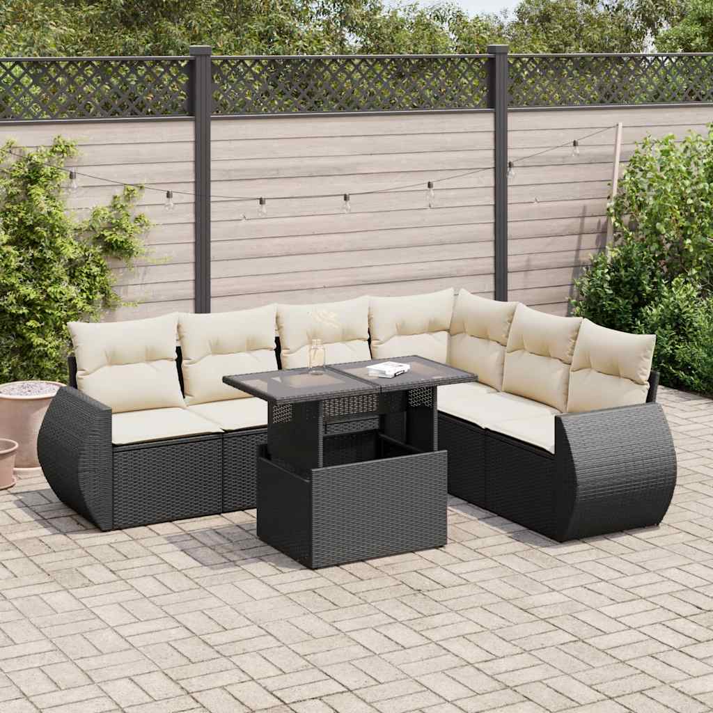 Set Canapele De Grădină Cu Perne, 7 Piese, Negru, Poliratan