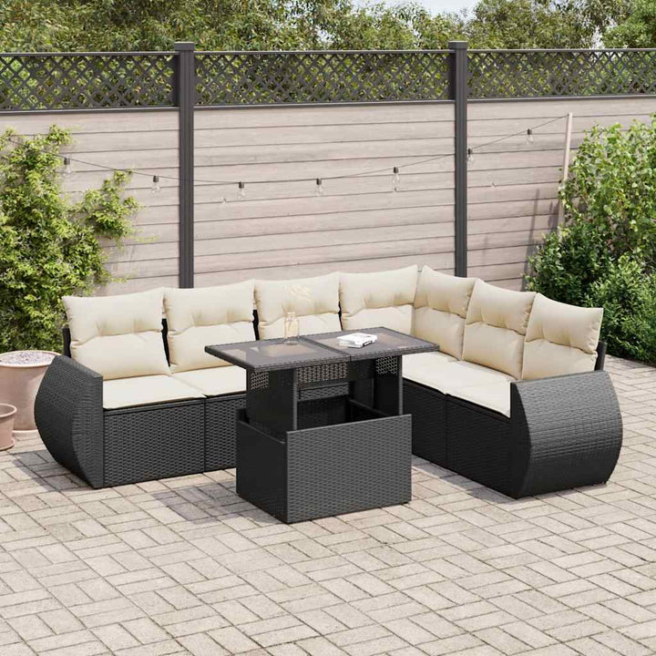 Set Canapele De Grădină Cu Perne, 7 Piese, Negru, Poliratan