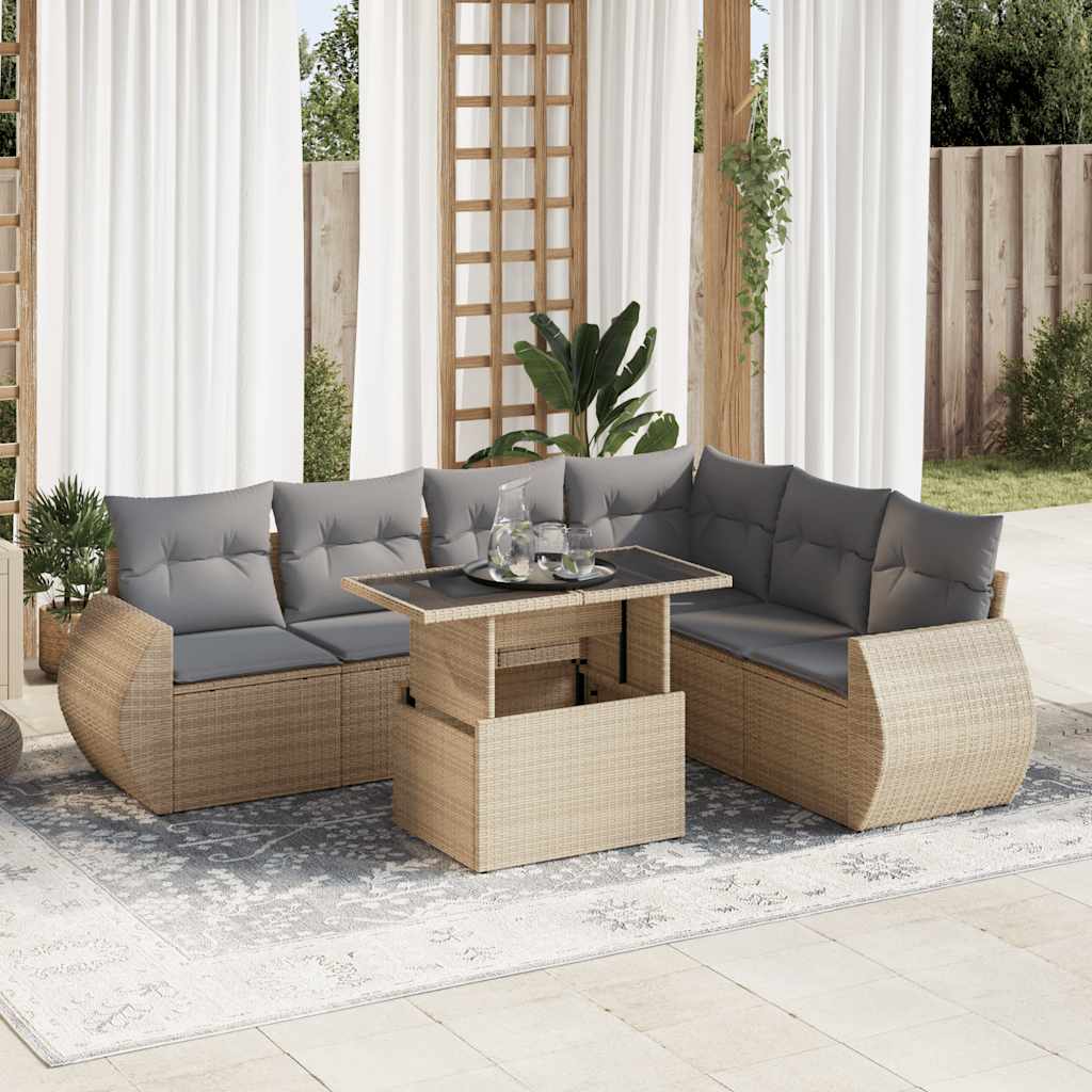 Set Canapele De Grădină Cu Perne, 7 Piese, Negru, Poliratan