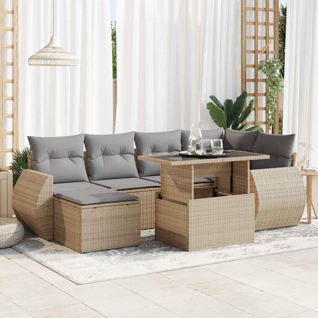 Set Canapele De Grădină, 7 Piese, Cu Perne, Bej, Poliratan