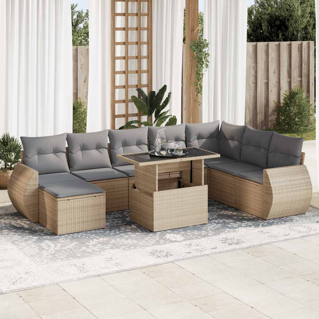 Set Canapele De Grădină, 9 Piese, Cu Perne, Bej, Poliratan