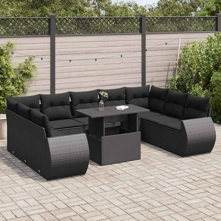 Set Canapele De Grădină Cu Perne, 10 Piese, Negru, Poliratan