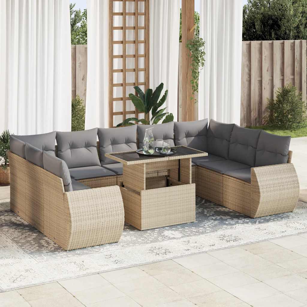 Set Canapele De Grădină Cu Perne, 10 Piese, Negru, Poliratan