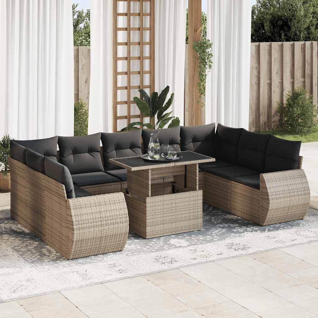 Set Canapele De Grădină Cu Perne, 10 Piese, Negru, Poliratan