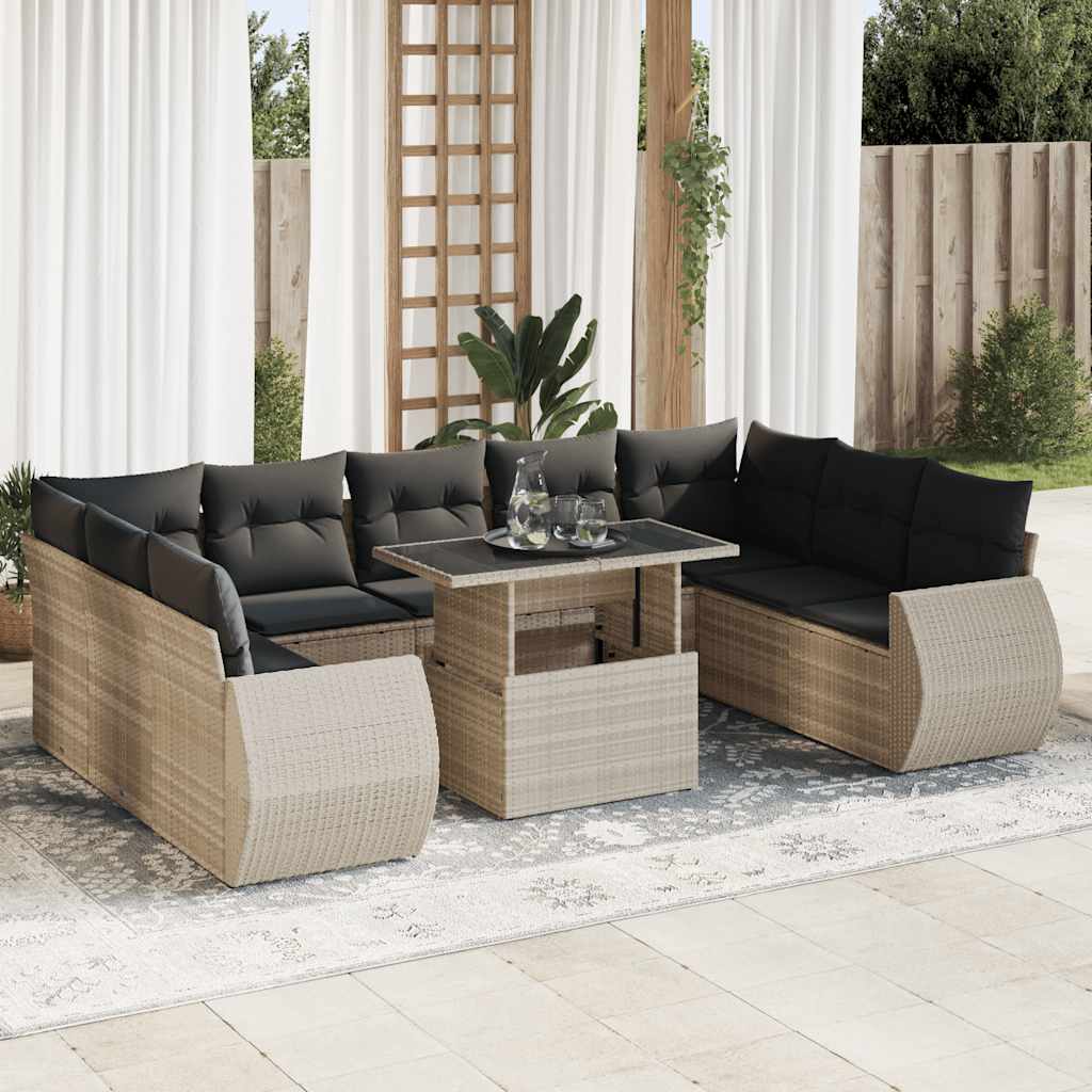 Set Canapele De Grădină Cu Perne, 10 Piese, Negru, Poliratan