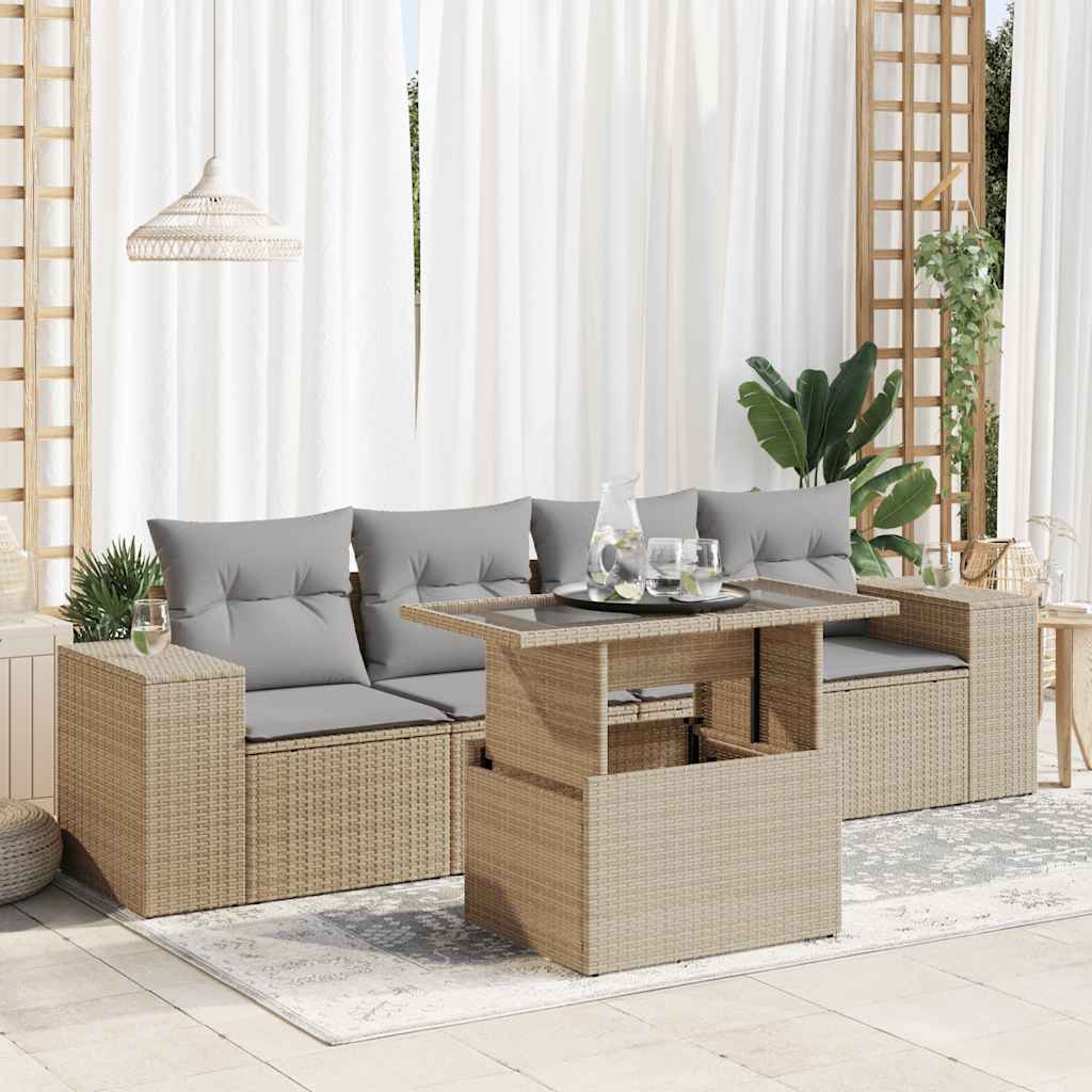 Set Canapele De Grădină Cu Perne, 5 Piese, Bej, Poliratan