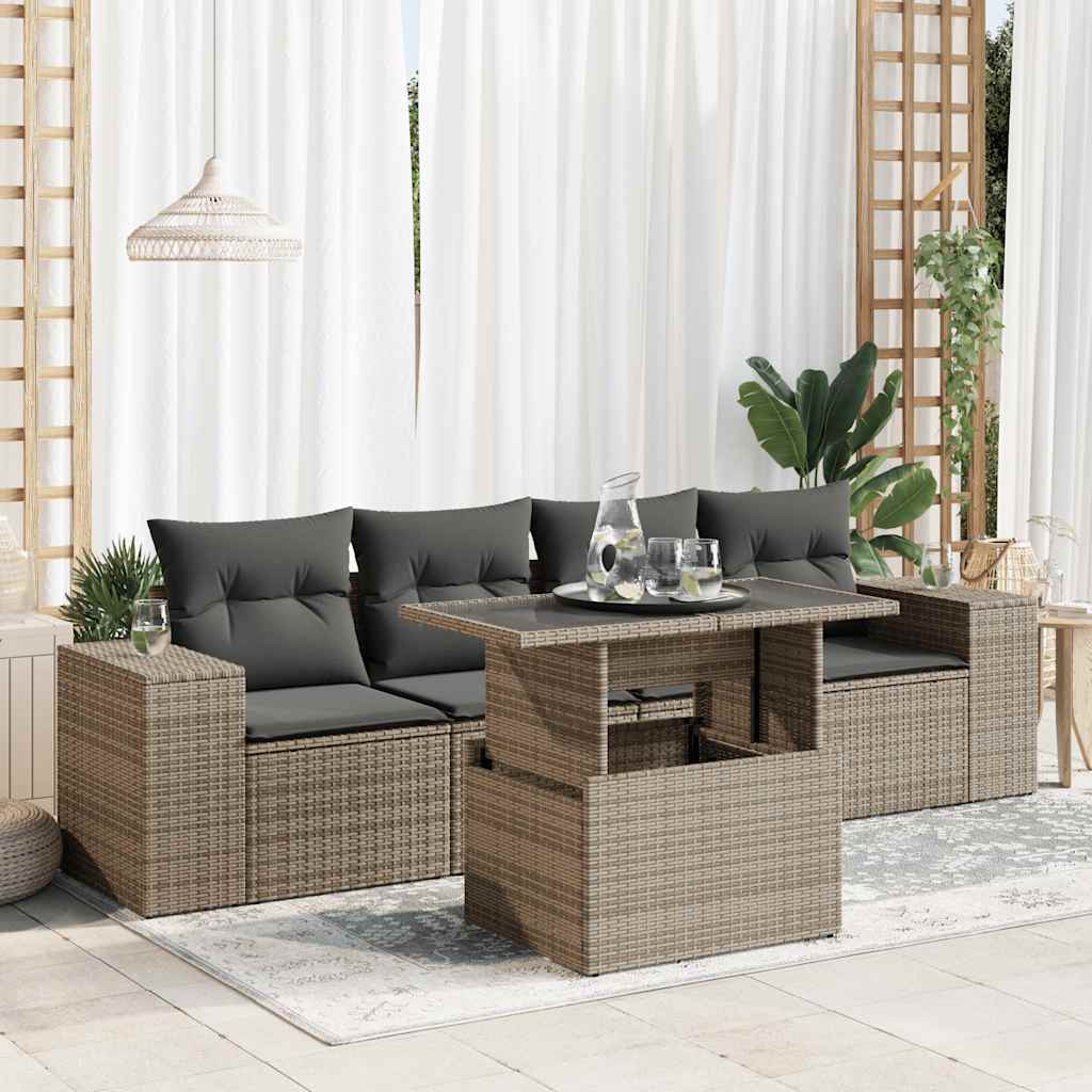 Set Canapele De Grădină Cu Perne, 5 Piese, Bej, Poliratan