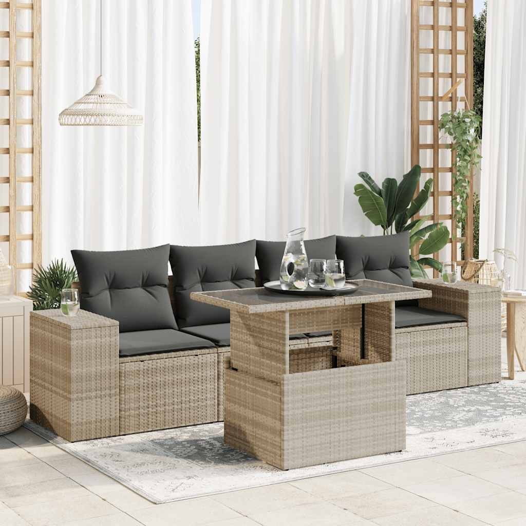 Set Canapele De Grădină Cu Perne, 5 Piese, Bej, Poliratan