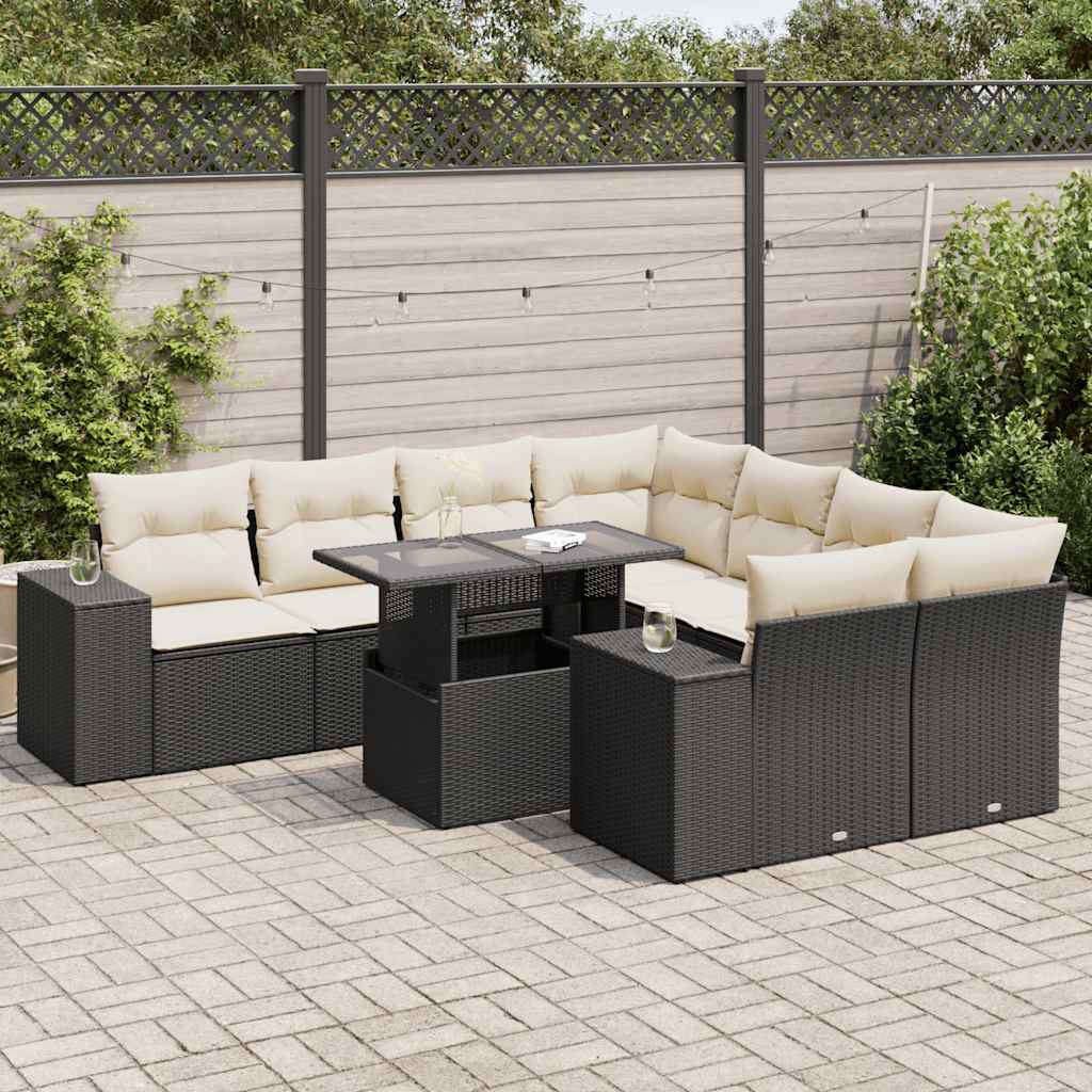 Set Mobilier De Grădină Cu Perne, 9 Piese, Negru, Poliratan