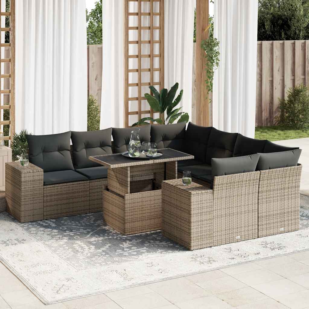 Set Mobilier De Grădină Cu Perne, 9 Piese, Negru, Poliratan