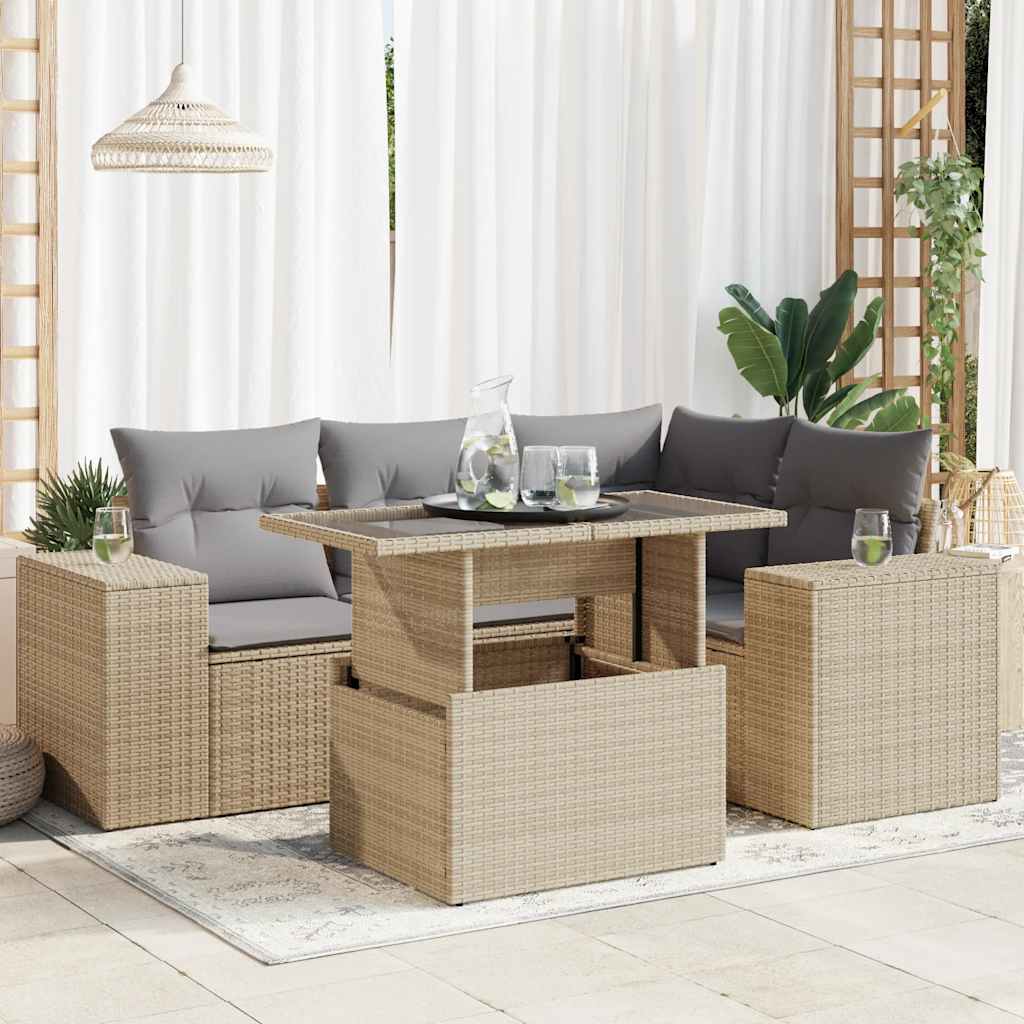 Set Canapele De Grădină Cu Perne, 5 Piese, Bej, Poliratan