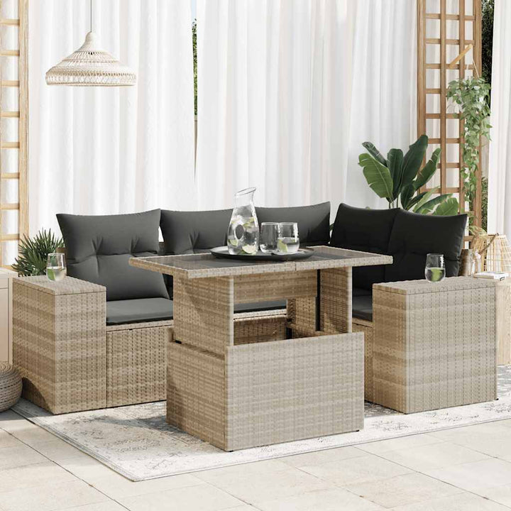 Set Canapele De Grădină Cu Perne, 5 Piese, Bej, Poliratan