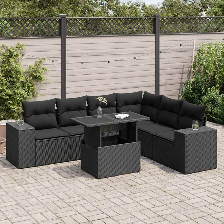 Set Canapele De Grădină Cu Perne, 7 Piese, Negru, Poliratan