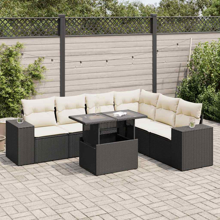 Set Canapele De Grădină Cu Perne, 7 Piese, Negru, Poliratan