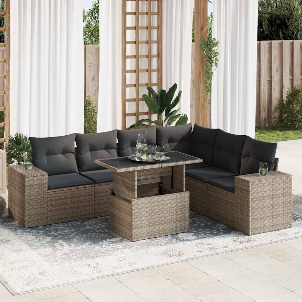 Set Canapele De Grădină Cu Perne, 7 Piese, Negru, Poliratan
