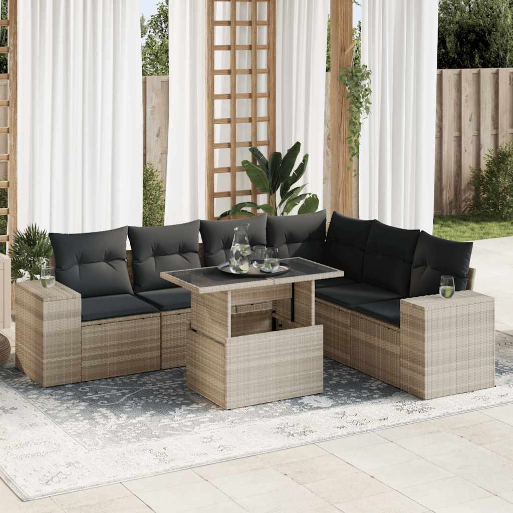 Set Canapele De Grădină Cu Perne, 7 Piese, Negru, Poliratan