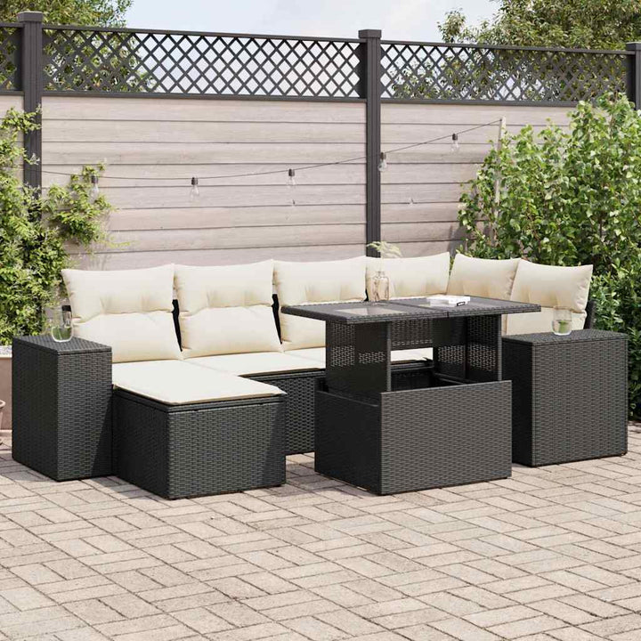Set Canapele De Grădină Cu Perne, 7 Piese, Negru, Poliratan