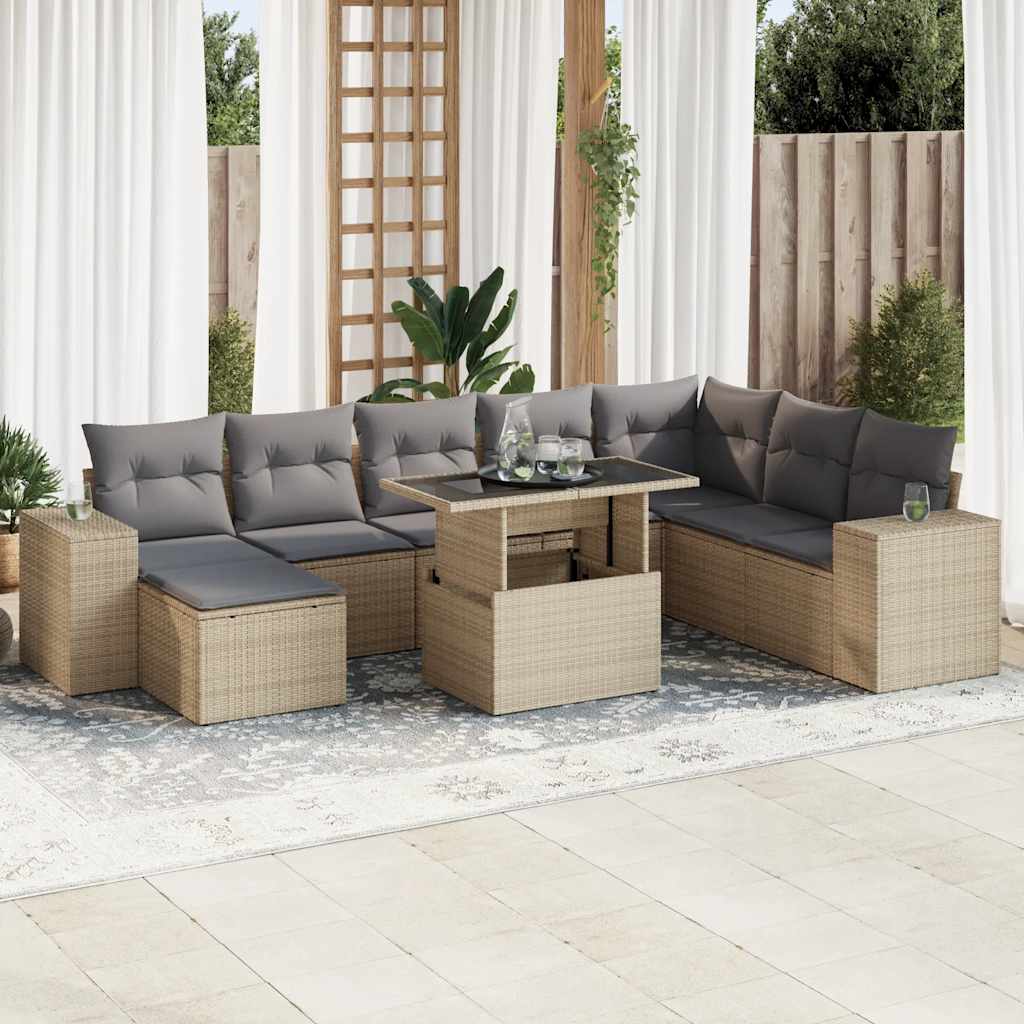 Set Canapele De Grădină, 9 Piese, Cu Perne, Bej, Poliratan