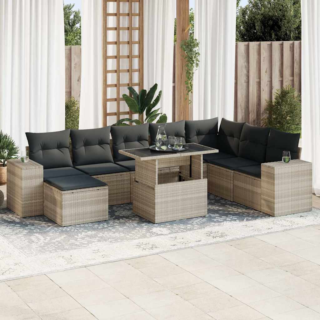 Set Canapele De Grădină, 9 Piese, Cu Perne, Bej, Poliratan