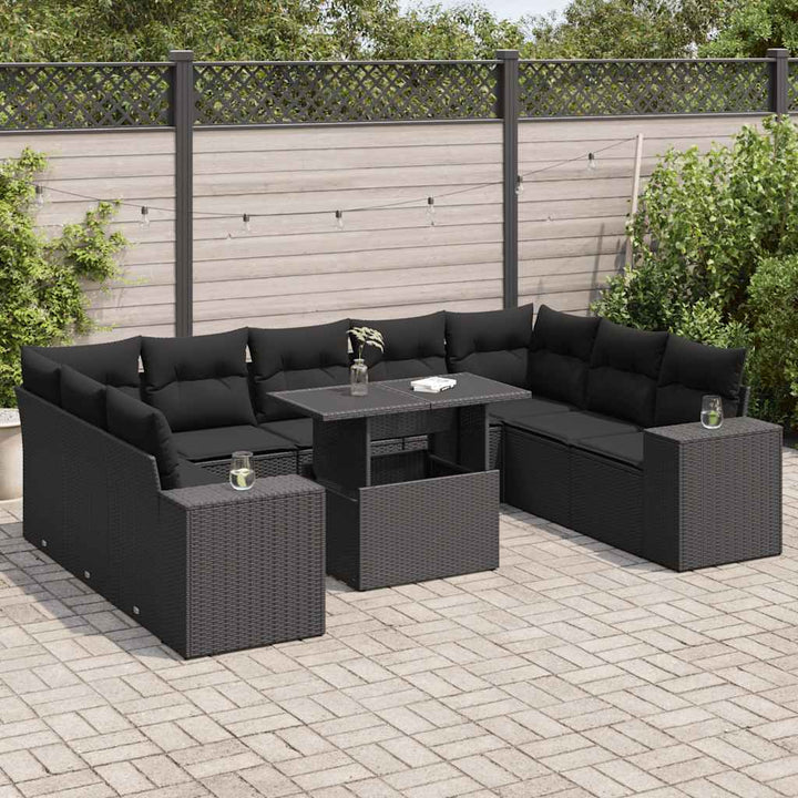 Set Canapele De Grădină Cu Perne, 10 Piese, Negru, Poliratan