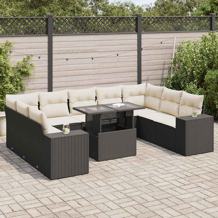 Set Canapele De Grădină Cu Perne, 10 Piese, Negru, Poliratan