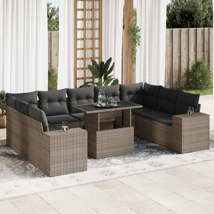 Set Canapele De Grădină Cu Perne, 10 Piese, Negru, Poliratan