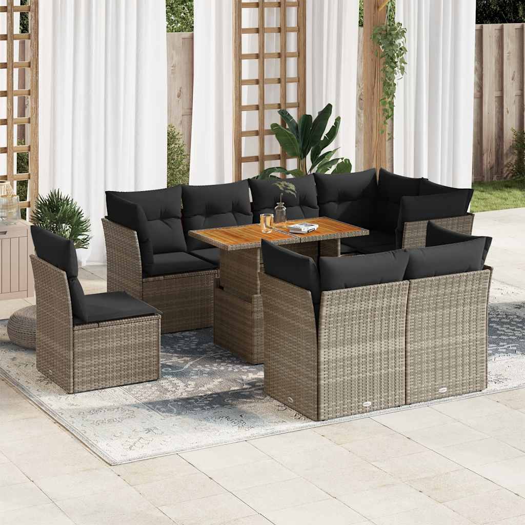 Set Mobilier De Grădină Cu Perne, 9 Piese, Negru, Poliratan