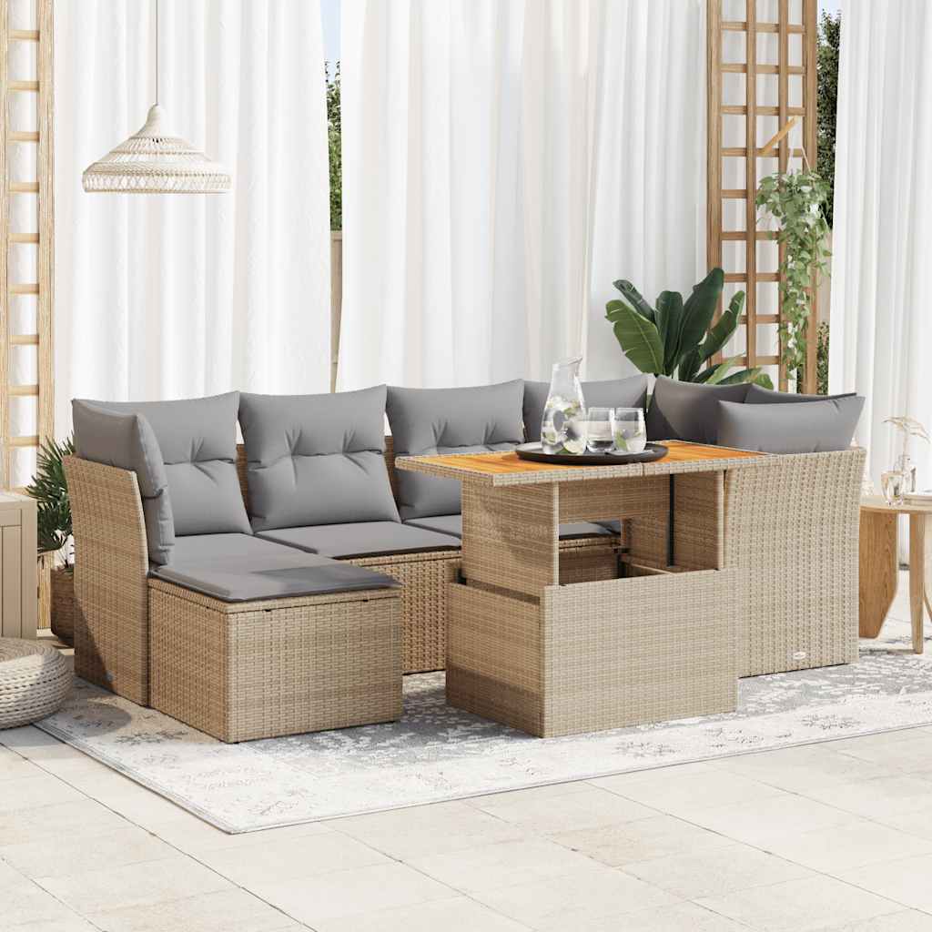 Set Canapele De Grădină, 7 Piese, Cu Perne, Bej, Poliratan