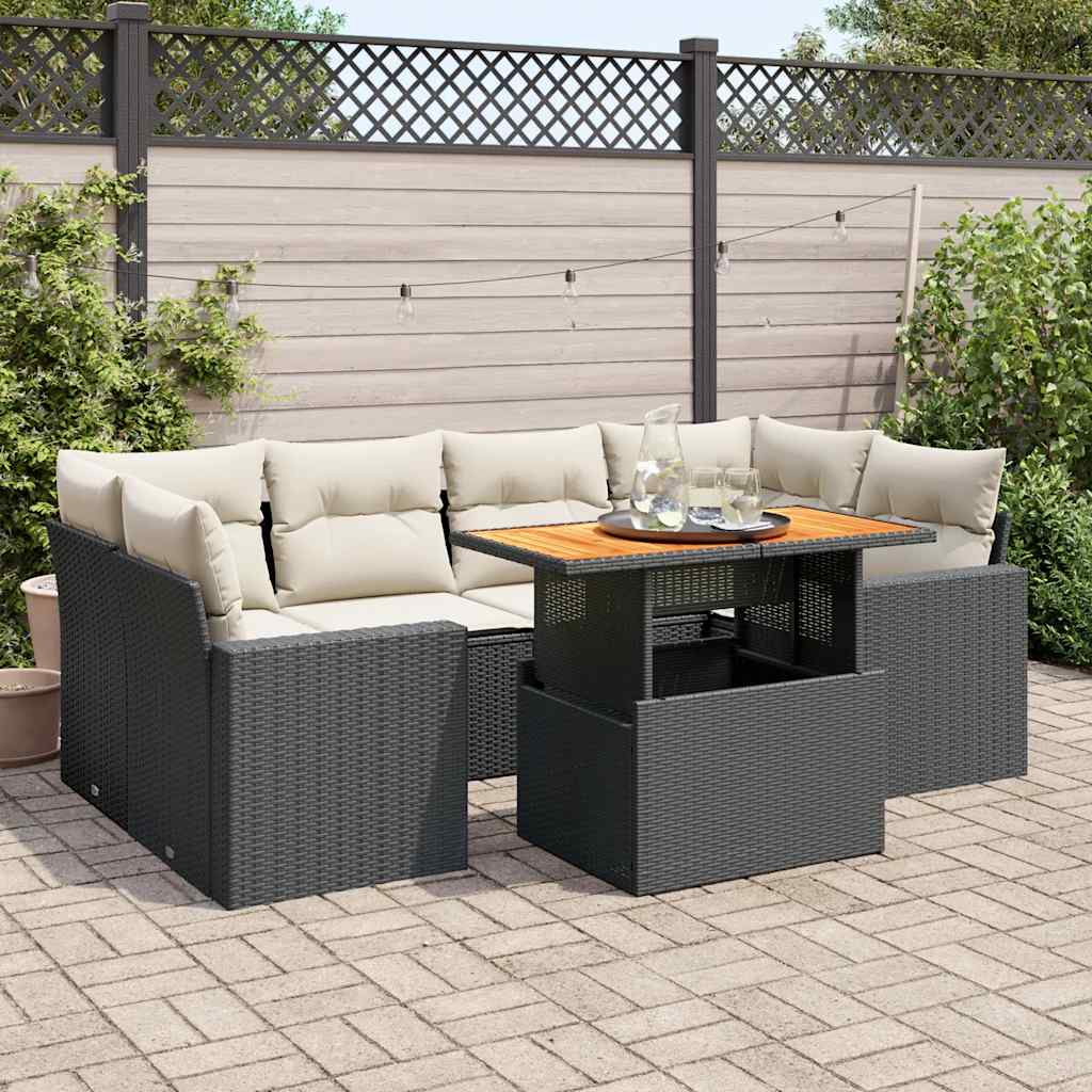 Set Canapele De Grădină Cu Perne, 7 Piese, Negru, Poliratan