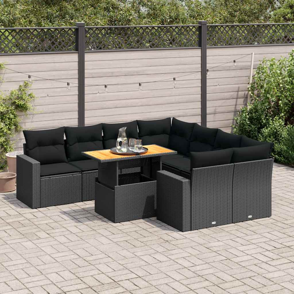 Set Mobilier De Grădină Cu Perne, 9 Piese, Negru, Poliratan